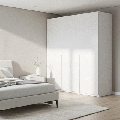 Stylish modern flatpack wardrobe in a minimalist bedroom
