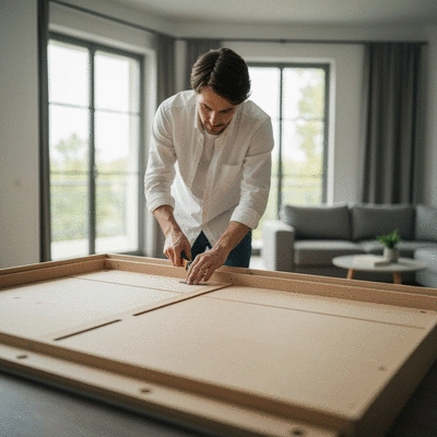 Person assembling flatpack furniture in a modern living room