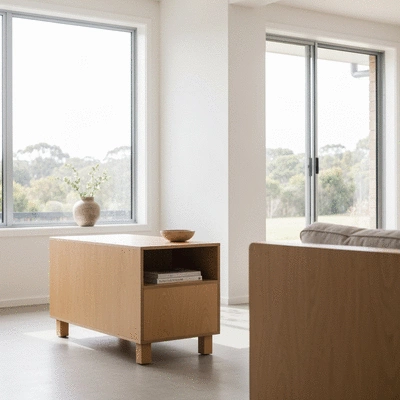 Stylish eco-friendly flatpack furniture in a modern Australian home setting, no text, no words, no typography, clean image