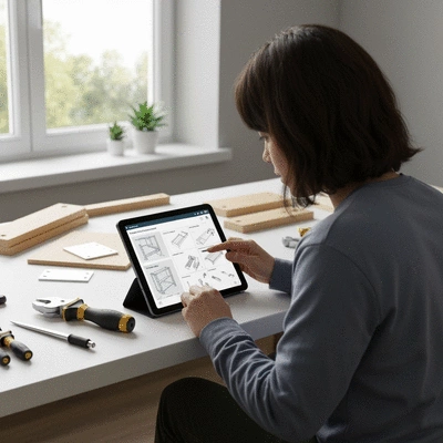 Person watching a flatpack assembly tutorial on a tablet, with tools and furniture components on a clean workbench