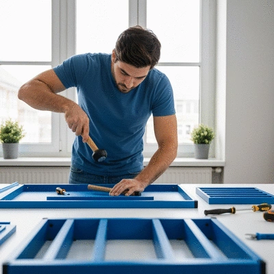 Person assembling flatpack furniture with tools, clean and organized workspace