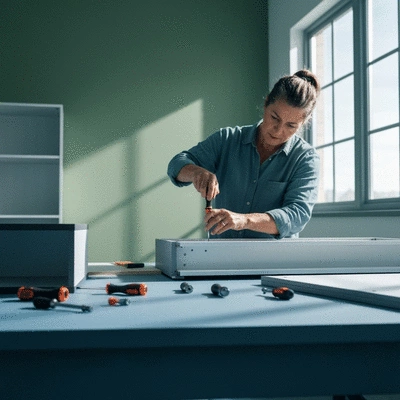 Person assembling flat pack furniture with tools in a clean workspace