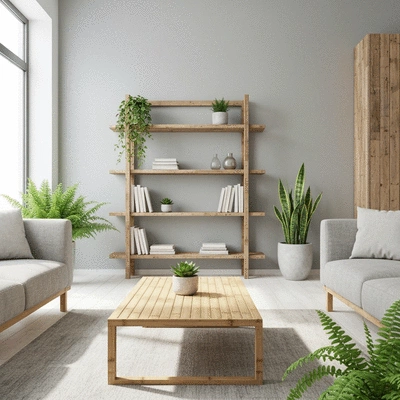 Modern living room with eco-friendly flatpack furniture, natural light, clean design, no text, no words, no typography
