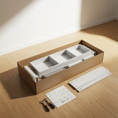 Modern flat-pack bookshelf unassembled in a box with tools and instructions