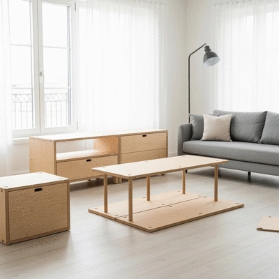 Modern flatpack furniture being assembled in a bright, minimalist living room, emphasizing sustainability and ease of assembly. no text, no words, no typography, no labels, clean image