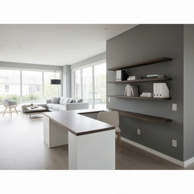 Modern living room with custom flatpack shelving unit and desk