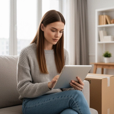 Person comparing furniture brands on a tablet, with a flat pack box in the background