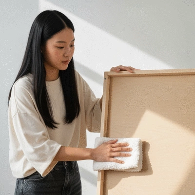 Person cleaning flat pack furniture with a soft cloth