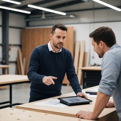 Designer discussing custom flatpack furniture plans with a client