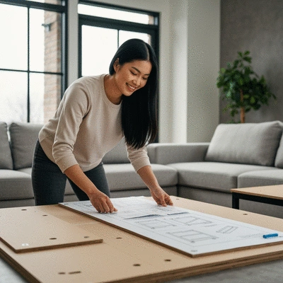 Person assembling flat pack furniture in a modern living room