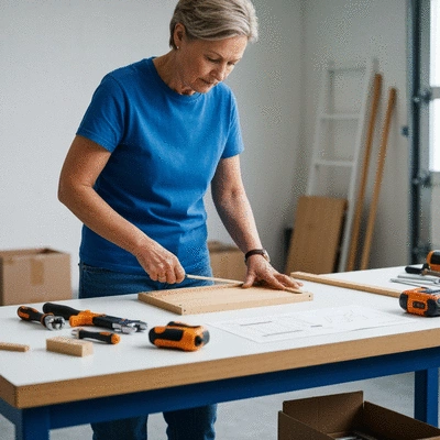 Person carefully following flatpack furniture instructions with organized tools